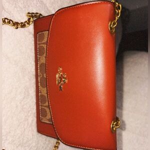 Toasted Brown Coach Crossbody Bag with Gold Accents